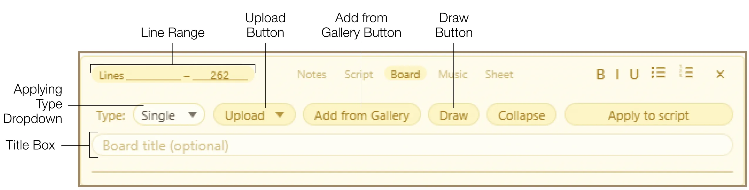 Board injection overview showing the interface for adding visual references and storyboards